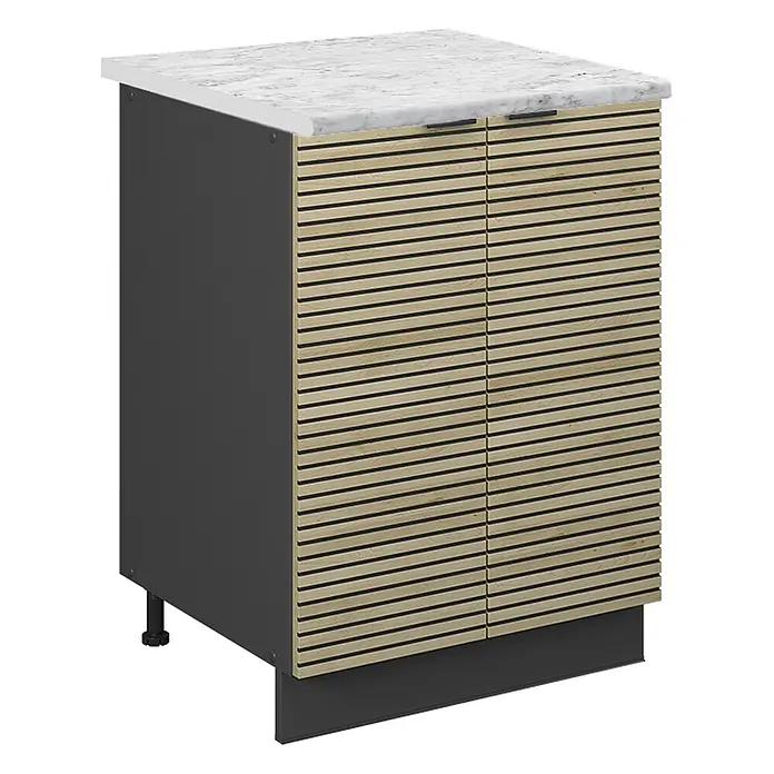 Vicco Schrankküche Fame-Line Eiche Paneel, AP Marmor - Eiche Paneel, Unterschrank 60 cm, AP Marmor - Kompakter Schrank mit weißer Marmorplatte, dunkelgrauem Korpus und hellen Holzlamellentüren mit integrierten dunklen Griffen.