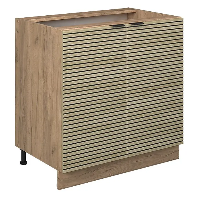 Vicco Schrankküche Fame-Line Eiche Paneel mit Regal, ohne Arbeitsplatte - Eiche Paneel, Unterschrank 80 cm - Helles Holz-Unterschrank mit Lamellentüren und schwarzen Griffen, mit verstellbaren Beinen und Sockelblende.