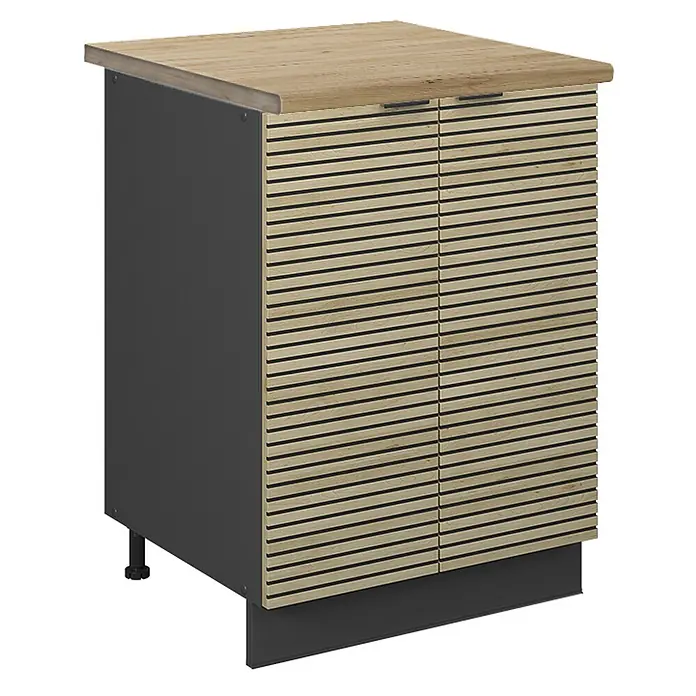 Vicco Schrankküche Fame-Line Eiche Paneel, AP Eiche - Eiche Paneel, Unterschrank 60 cm, AP Eiche - Moderner Schrank mit heller Holzlamellenfront, dunkelgrauem Korpus und einer Naturholzplatte.