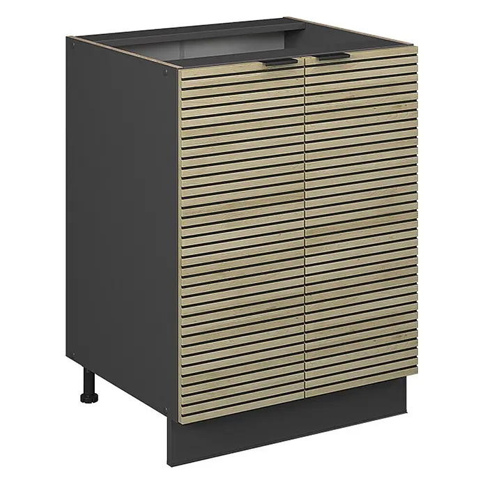 Vicco Schrankküche Fame-Line Eiche Paneel ohne Arbeitsplatte - Eiche Paneel, Unterschrank 60 cm - Dunkelgrauer Küchenunterschrank mit zwei hellen Lamellentüren aus Holz, schwarzen Griffen und verstellbaren Füßen.