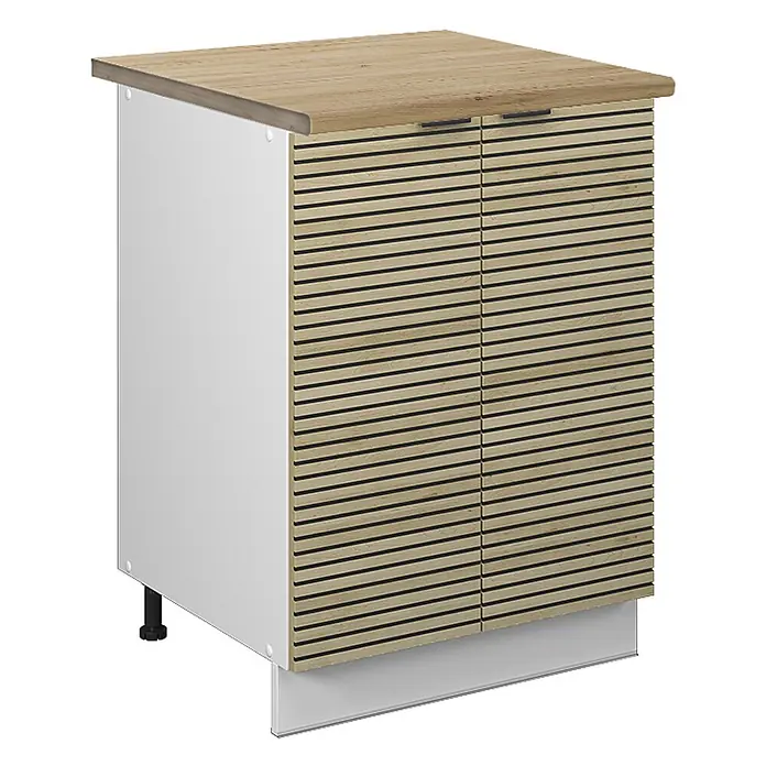 Vicco Schrankküche Fame-Line Eiche Paneel, AP Eiche - Eiche Paneel, Unterschrank 60 cm, AP Eiche - Weißer Küchenunterschrank mit hellen Holzlamellentüren und Arbeitsplatte, schwarzen Griffen und verstellbaren Füßen.