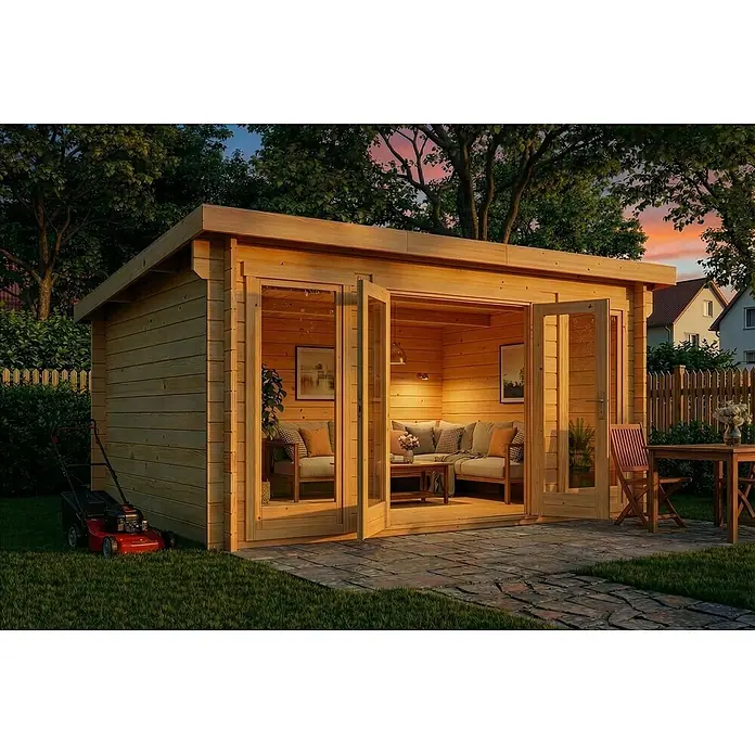 Alpholz Gartenhaus Atrium F - Außenmaß inkl. Dachüberstand (B x T): 440 x 340 cm, Holz, Pinie - Gartenhütte aus hellem Holz mit Glastüren, gemütliches Interieur mit Sofa, auf einer Terrasse im Garten.