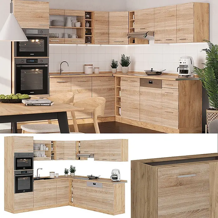 Vicco Eckküche R-Line Sonoma/Goldkraft Eiche, AP Anthrazit - B x T: 247 x 60 cm, Sonoma, Ohne Elektrogeräte - Moderne Eckküche in heller Eiche mit integrierten Geräten, funktional und stilvoll.
