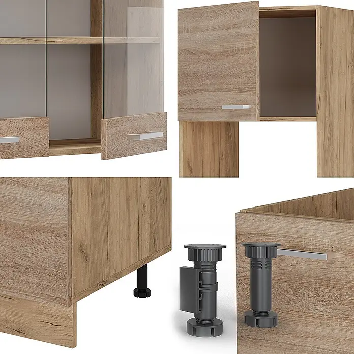 Vicco Eckküche R-Line Sonoma/Goldkraft Eiche, AP Anthrazit - B x T: 247 x 60 cm, Sonoma, Ohne Elektrogeräte - Modulare Möbelteile in heller Holzoptik mit Türen, Griffen, Regalen und verstellbaren schwarzen Kunststofffüßen.