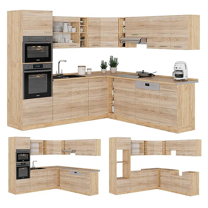 Vicco Eckküche R-Line Sonoma/Goldkraft Eiche, AP Anthrazit - B x T: 247 x 60 cm, Sonoma, Ohne Elektrogeräte - Komplette Eckküche in heller Holzoptik mit Einbauöfen, Spüle, Kochfeld und Geschirrspüler, bietet viel Stauraum.