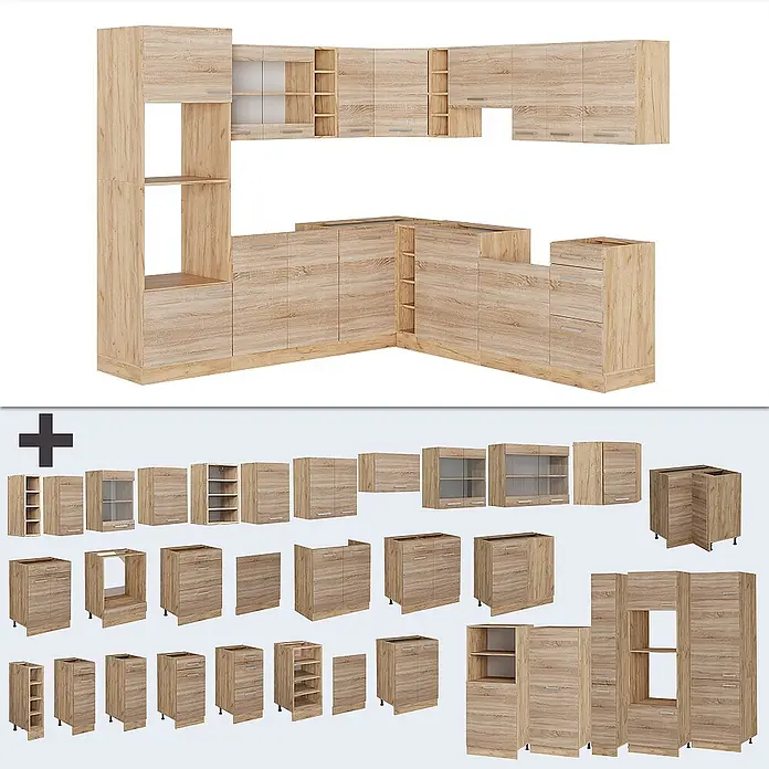 Vicco Eckküche R-Line Sonoma/Goldkraft Eiche, AP Anthrazit - B x T: 247 x 60 cm, Sonoma, Ohne Elektrogeräte - Modulares Küchenschrank-Set in heller Eichenoptik, als Ecklösung und Einzelkomponenten dargestellt.
