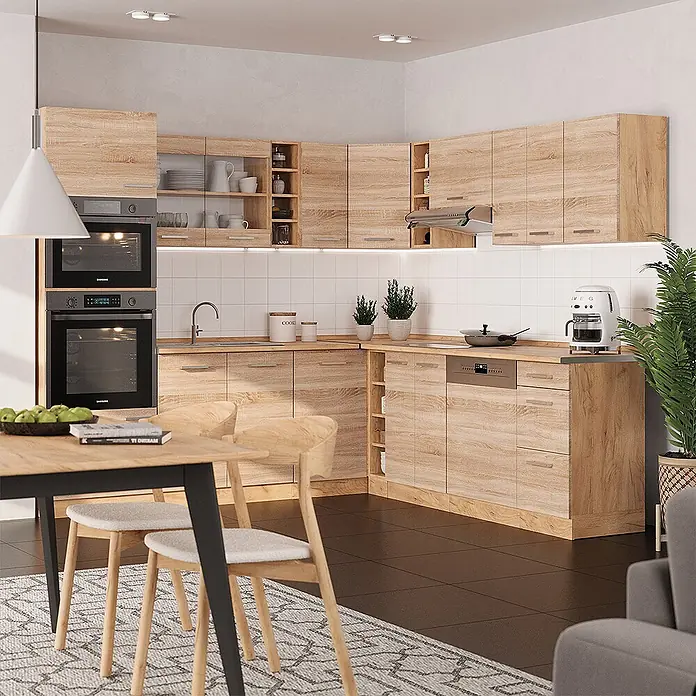 Vicco Eckküche R-Line Sonoma/Goldkraft Eiche, AP Anthrazit - B x T: 247 x 60 cm, Sonoma, Ohne Elektrogeräte - Moderne Küche mit hellen Eicheneffekt-Schränken, integrierten Geräten und Essbereich.