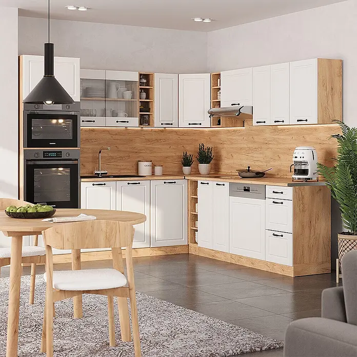 Vicco Eckküche R-Line Weiß Landhaus/Goldkraft Eiche, AP Anthrazit - B x T: 247 x 60 cm, Weiß Landhaus, Ohne Elektrogeräte - Moderne L-förmige Küche mit weißen Schränken, Holzdetails, Einbaugeräten und Essbereich.