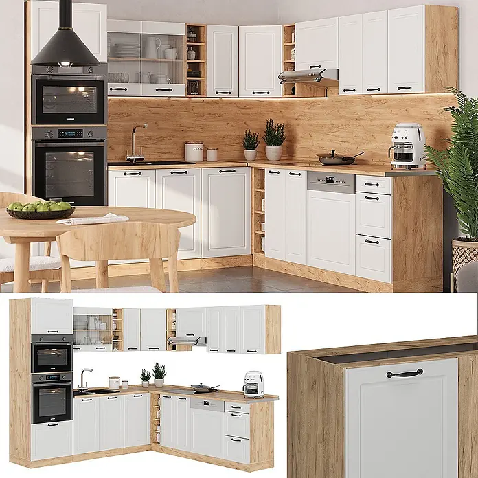 Vicco Eckküche R-Line Weiß Landhaus/Goldkraft Eiche, AP Anthrazit - B x T: 247 x 60 cm, Weiß Landhaus, Ohne Elektrogeräte - L-förmige Küchenzeile mit weißen Fronten, Holz-Arbeitsplatten und integrierten Geräten. Modern und funktional.