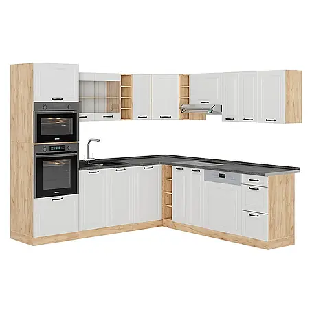 Vicco  Eckküche R-Line Weiß Landhaus/Goldkraft Eiche, AP Anthrazit