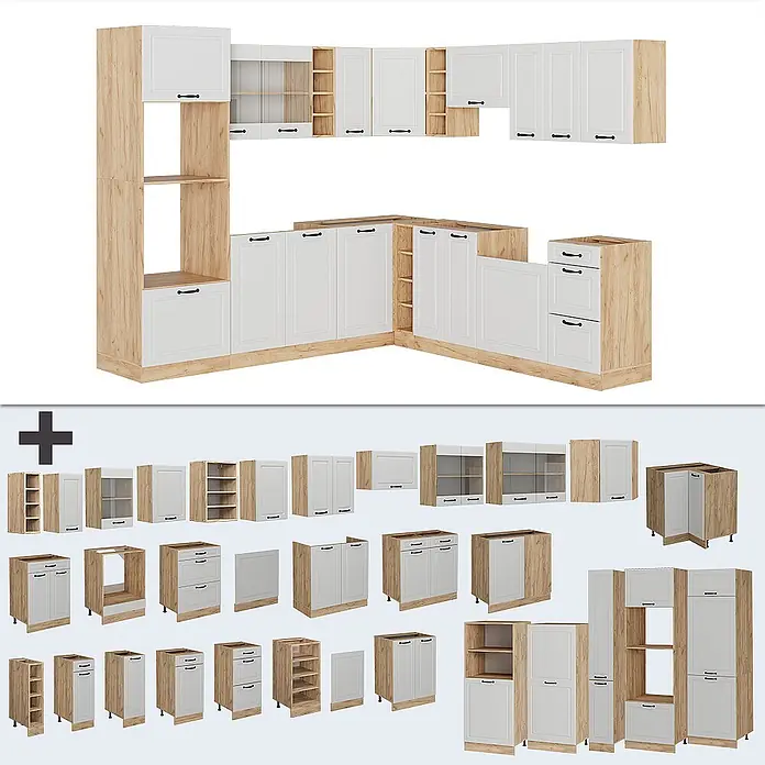 Vicco Eckküche R-Line Weiß Landhaus/Goldkraft Eiche, AP Anthrazit - B x T: 247 x 60 cm, Weiß Landhaus, Ohne Elektrogeräte - Modulare Küchenschränke mit weißen Türen und hellen Holzrahmen, in verschiedenen Konfigurationen.