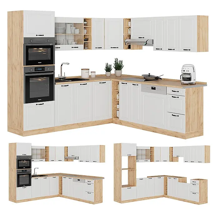 Vicco Eckküche R-Line Weiß Landhaus/Goldkraft Eiche, AP Anthrazit - B x T: 247 x 60 cm, Weiß Landhaus, Ohne Elektrogeräte - Modernes L-förmiges Küchenschrank-Set mit weißen Fronten, hellen Holzakzenten, integrierten Geräten und schwarzen Griffen.