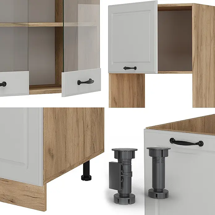 Vicco Eckküche R-Line Weiß Landhaus/Goldkraft Eiche, AP Anthrazit - B x T: 247 x 60 cm, Weiß Landhaus, Ohne Elektrogeräte - Modulare Küchenschränke mit hellem Holzrahmen, hellgrauen Türen, schwarzen Griffen und verstellbaren Füßen.