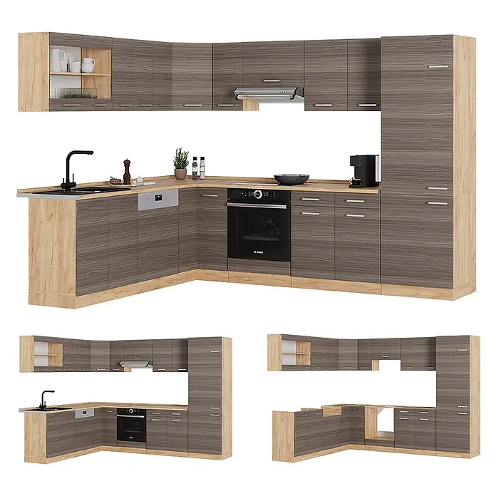 Vicco Eckküche R-Line Edelgrau/Goldkraft Eiche ohne Arbeitsplatte - B x T: 287 x 46 cm, Edelgrau, Ohne Elektrogeräte - Moderne L-förmige Küche mit dunkelbraunen Holzmaserungsfronten und hellen Holzakzenten, inkl. Ofen, Spüle, Spülmaschine.