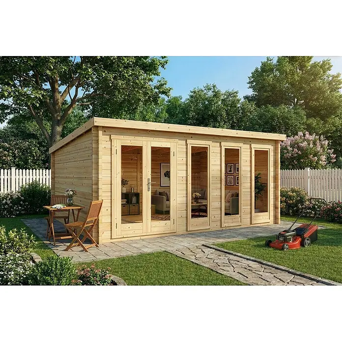 Alpholz Gartenhaus Atrium D - Außenmaß inkl. Dachüberstand (B x T): 598 x 618 cm, Holz, Naturbelassen - Gartenhaus aus Naturholz mit Glastüren in grüner Umgebung, zeigt einen gemütlichen Innenbereich.