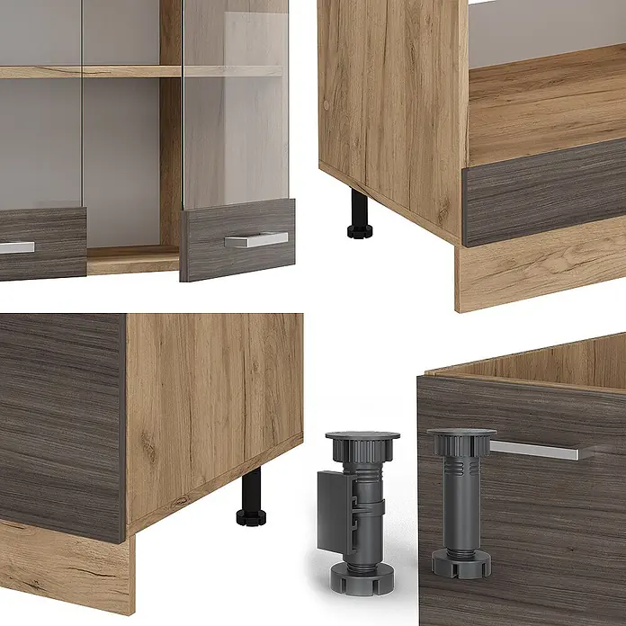 Vicco Eckküche R-Line Edelgrau/Goldkraft Eiche ohne Arbeitsplatte - B x T: 287 x 46 cm, Edelgrau, Ohne Elektrogeräte - Modulare Möbelteile: Schränke in Holzoptik, Glastüren, silberne Griffe und schwarze Verstellfüße zur Montage.