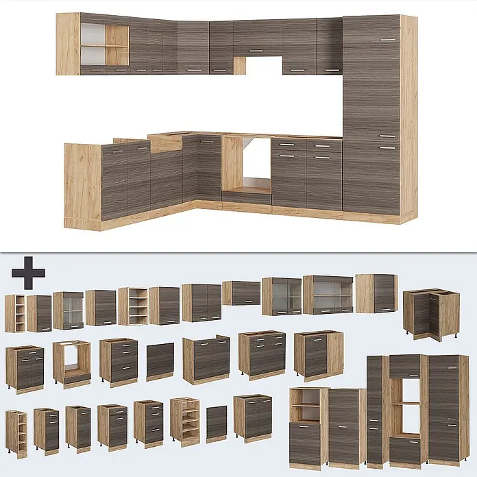 Vicco Eckküche R-Line Edelgrau/Goldkraft Eiche ohne Arbeitsplatte - B x T: 287 x 46 cm, Edelgrau, Ohne Elektrogeräte - Modulares Küchenschrank-Set in dunkler Holzmaserung mit hellen Holzakzenten, mit verschiedenen Unter-, Ober- und Hochschränken.