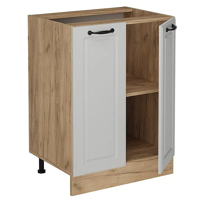 Vicco Schrankküche R-Line Weiß Landhaus, AP Eiche - Weiß Landhaus, Unterschrank 60 cm - Zweitüriger Küchenunterschrank mit hellem Holzkorpus, hellgrauen Türen mit schwarzen Griffen und einem Einlegeboden, eine Tür leicht geöffnet.