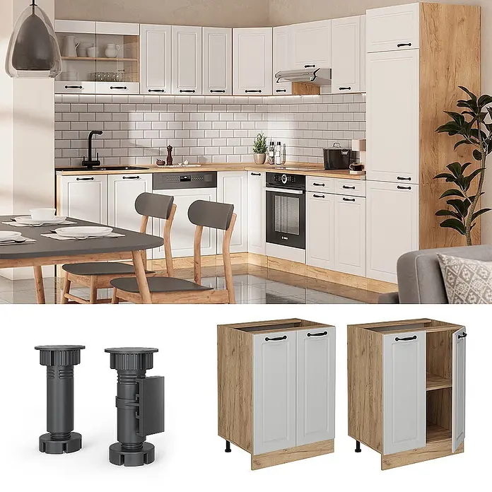 Vicco Schrankküche R-Line Weiß Landhaus, AP Eiche - Weiß Landhaus, Unterschrank 60 cm - Modulare Küchenschränke mit weißen Türen und hellen Holzrahmen, in L-Form gezeigt, mit verstellbaren Kunststofffüßen und Innenregal.