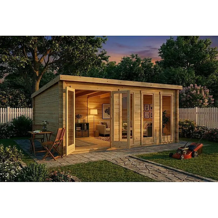 Alpholz Gartenhaus Atrium D - Außenmaß inkl. Dachüberstand (B x T): 598 x 618 cm, Holz, Naturbelassen - Ein helles Holzgartenbüro mit offenen Glastüren, das einen möblierten Innenraum enthüllt, in einem Garten mit Sitzgelegenheiten im Freien.