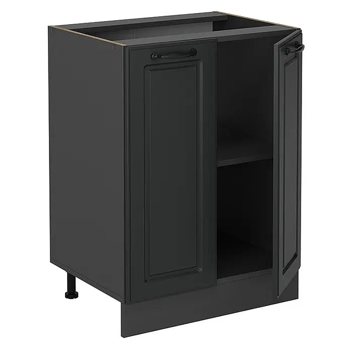 Vicco Schrankküche R-Line Anthrazit Landhaus ohne Arbeitsplatte - Anthrazit Landhaus, Unterschrank 60 cm - Schwarzer Küchenunterschrank mit zwei Türen, eine offen mit einem Einlegeboden, und verstellbaren Füßen.