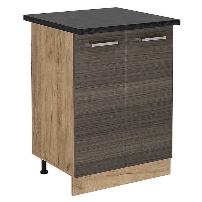 Vicco Schrankküche R-Line Edelgrau, AP Anthrazit - Edelgrau, Unterschrank 60 cm, AP Anthrazit - Küchenunterschrank mit dunkler Arbeitsplatte, heller Holzseite, zwei dunklen Holztüren mit silbernen Griffen und heller Sockelblende.