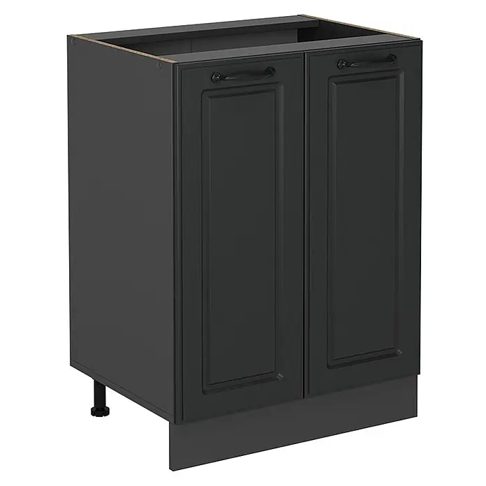 Vicco Schrankküche R-Line Anthrazit Landhaus ohne Arbeitsplatte - Anthrazit Landhaus, Unterschrank 60 cm - Dunkelgrauer Küchenunterschrank mit zwei Kassettentüren, dekorativen schwarzen Griffen und einer Sockelblende.