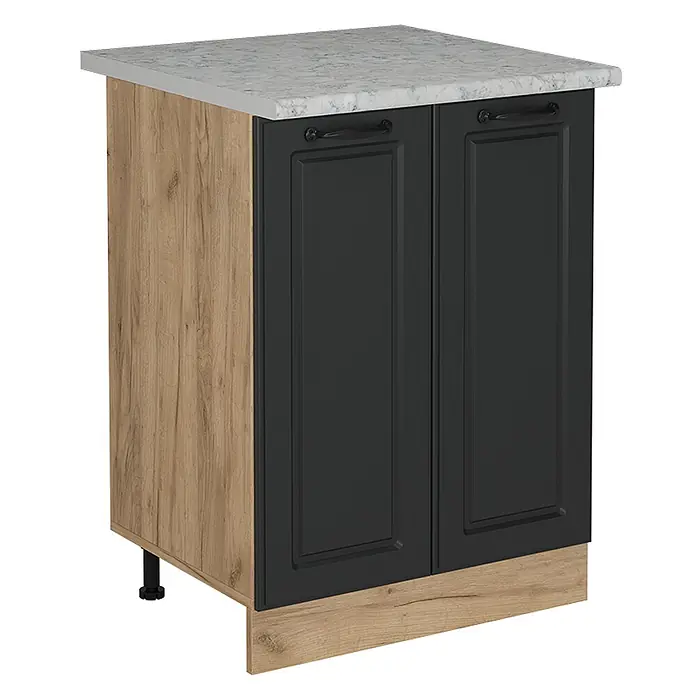 Vicco Küchenunterschrank R-Line, Anthrazit Landhaus, 60 cm -  - Küchenunterschrank mit weißer Marmor-Arbeitsplatte, dunklen Kassettentüren und heller Holzmaserung an Seiten und Sockel.