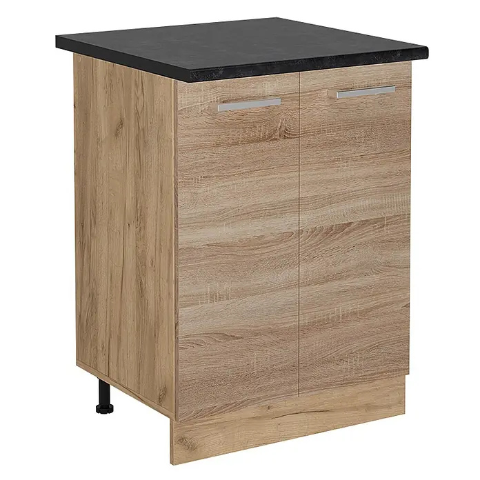 Vicco Schrankküche R-Line Sonoma, AP Anthrazit - Sonoma, Unterschrank 60 cm, AP Anthrazit - Helles Küchenunterschrank in Eichenholzoptik mit schwarzer Arbeitsplatte, zwei Türen und silbernen Griffen.