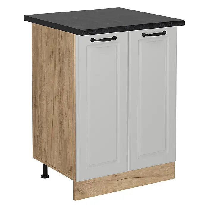 Vicco Schrankküche R-Line Weiß Landhaus, AP Anthrazit - Weiß Landhaus, Unterschrank 60 cm - Küchenunterschrank mit schwarzer Arbeitsplatte, hellgrauen Türen, schwarzen Griffen und heller Holzoptik-Seitenwand und Sockel.
