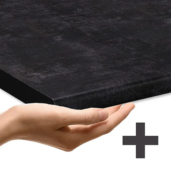 Vicco Schrankküche R-Line Weiß Landhaus, AP Anthrazit - Weiß Landhaus, Unterschrank 60 cm - Dunkles, texturiertes Rechteckpaneel mit abgerundeter Kante, von einer Hand präsentiert.