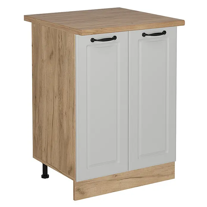 Vicco Schrankküche R-Line Weiß Landhaus, AP Eiche - Weiß Landhaus, Unterschrank 60 cm - Zweitüriger Unterschrank mit heller Holzplatte, Seiten und Sockel, sowie hellgrauen Türen mit schwarzen Griffen.