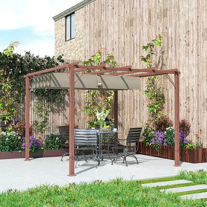 Outsunny Raffpavillon - B x T: 296 x 296 cm, Farbe Dach: Beige - Braune Metallpergola mit beigefarbenem, ausziehbarem Sonnendach über einem Essbereich im Freien.
