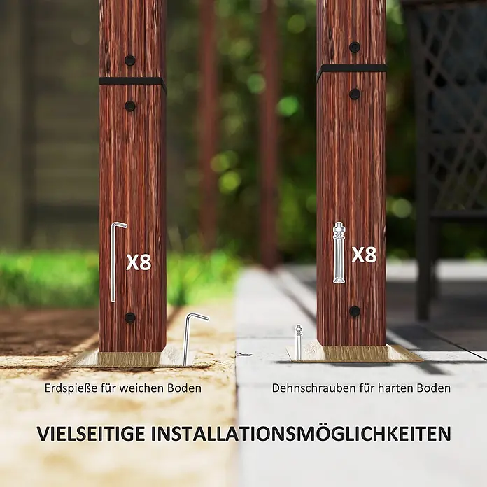 Outsunny Raffpavillon - B x T: 296 x 296 cm, Farbe Dach: Beige - Holzpfosten mit zwei Installationsmethoden: Erdspieße für weichen Boden und Dehnschrauben für harte Oberflächen.