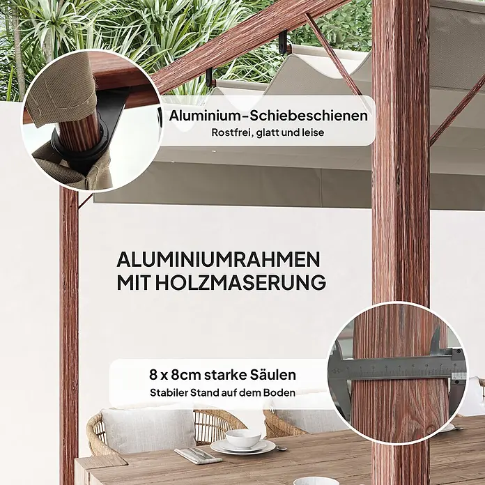 Outsunny Raffpavillon - B x T: 296 x 296 cm, Farbe Dach: Beige - Pergola mit Aluminiumrahmen in Holzoptik, 8x8cm Säulen und beigefarbenem verschiebbarem Stoffdach.