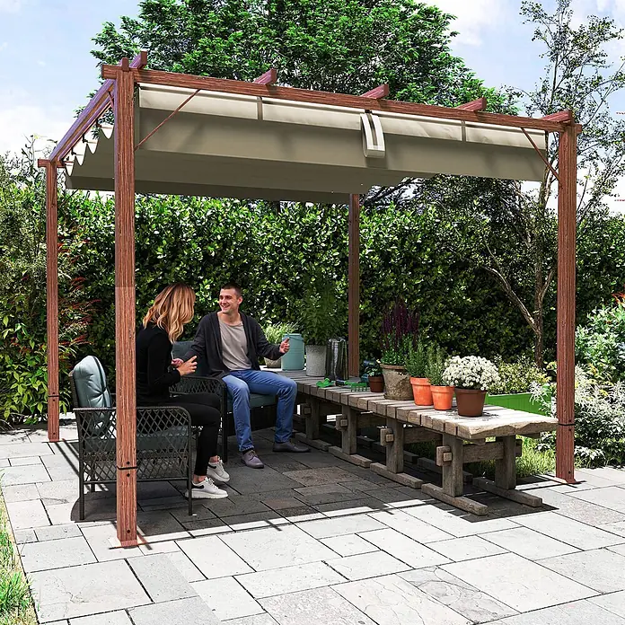 Outsunny Raffpavillon - B x T: 296 x 296 cm, Farbe Dach: Beige - Pergola aus Holz mit beigem, ausziehbarem Dach, spendet Schatten für ein Paar im Garten.