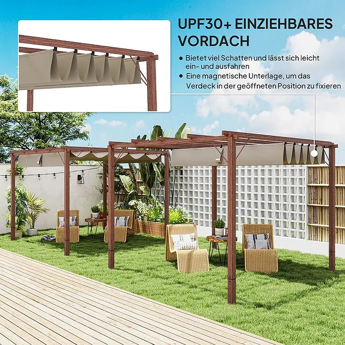 Outsunny Raffpavillon - B x T: 296 x 296 cm, Farbe Dach: Beige - Braune Pergola mit beigem UPF30+ einziehbarem Vordach, das Schatten über einem Sitzbereich im Freien spendet.