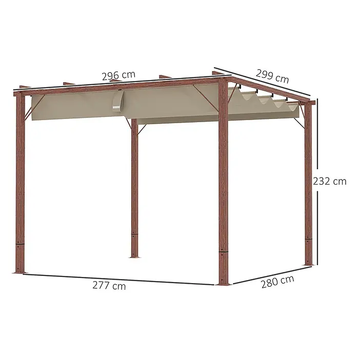 Outsunny Raffpavillon - B x T: 296 x 296 cm, Farbe Dach: Beige - Braune Holz-Pergola mit beigem ausziehbarem Stoffdach, Maße angezeigt.