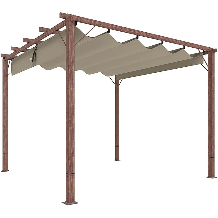 Outsunny Raffpavillon - B x T: 296 x 296 cm, Farbe Dach: Beige - Pergola mit einziehbarer beiger Markise und Holzmaserungspfosten.