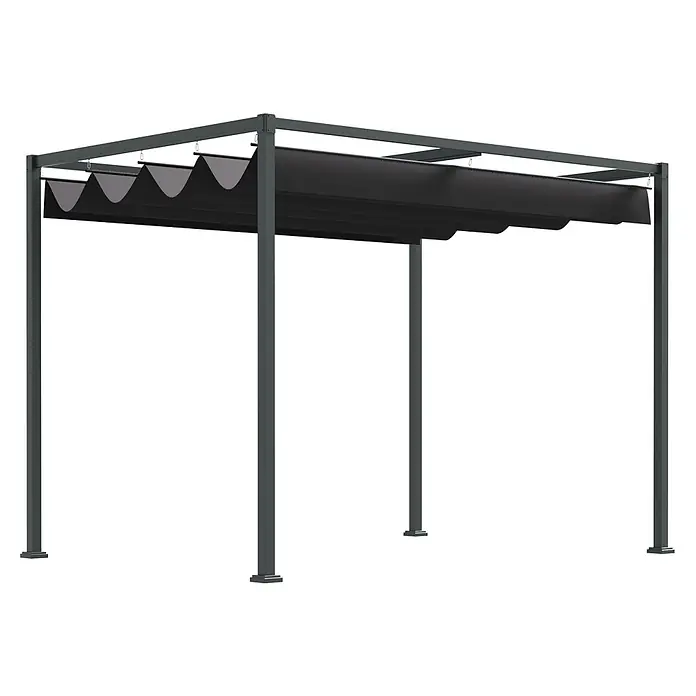 Outsunny Raffpavillon - Farbe Dach: Schwarz - Dunkelgraue Metallpergola mit ausziehbarem schwarzem Stoffdach, teilweise geöffnet mit Wellenmuster.