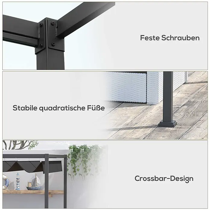 Outsunny Raffpavillon - Farbe Dach: Schwarz - Details einer dunkelgrauen Metall-Pergola: stabile Verschraubungen, robuste quadratische Füße und ein Querträger-Design mit ausziehbarer Beschattung.