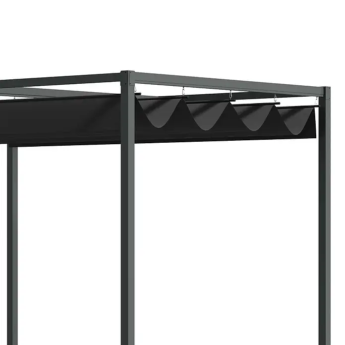 Outsunny Raffpavillon - Farbe Dach: Schwarz - Dunkelgraues Metall-Pergola-Gestell mit schwarzem, ausziehbarem Wellen-Sonnendach, teilweise ausgefahren.