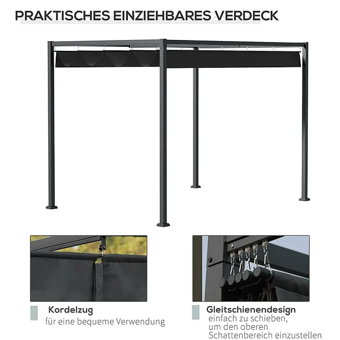 Outsunny Raffpavillon - Farbe Dach: Schwarz - Dunkelgraue Pergola mit ausziehbarem dunkelgrauem Verdeck, mit Kordelzug und Gleitschienenmechanismus für einstellbaren Schatten.