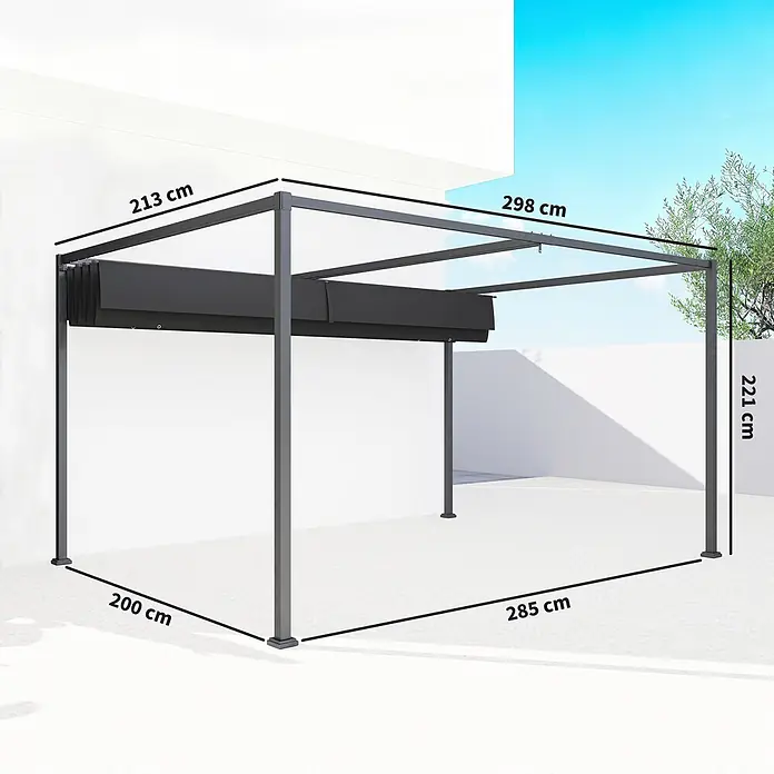 Outsunny Raffpavillon - Farbe Dach: Schwarz - Dunkelgraue Metallpergola mit ausfahrbarem Vordach, in einer Außenterrasse.