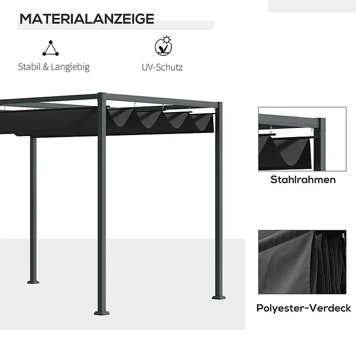 Outsunny Raffpavillon - Farbe Dach: Schwarz - Dunkelgraue Pergola mit ausziehbarem schwarzen Polyester-Dach, stabil und UV-schützend.