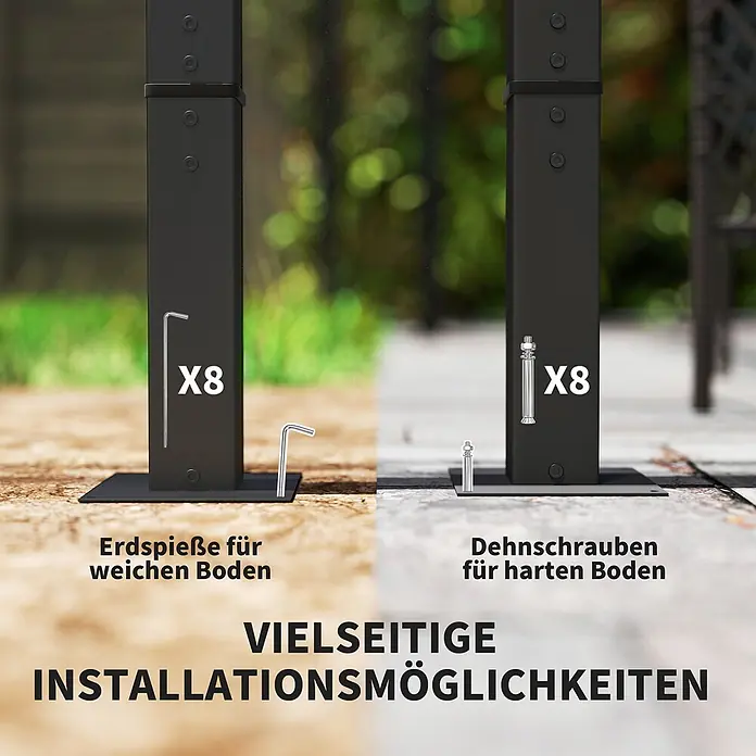 Outsunny Raffpavillon - Farbe Dach: Grau - Schwarzer Metallpfosten mit zwei Montageoptionen: 8 Erdspieße für weichen und 8 Dehnschrauben für harten Boden.