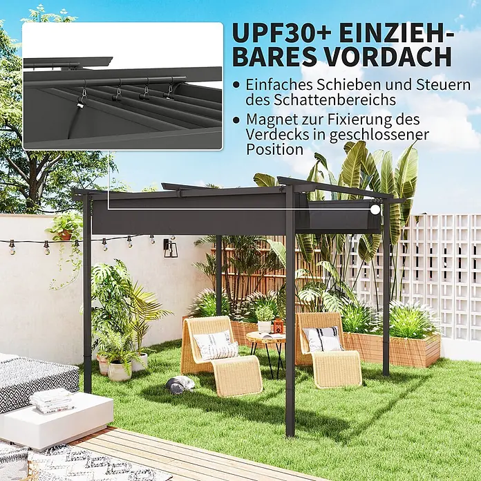 Outsunny Raffpavillon - Farbe Dach: Grau - Dunkelgraue Pergola mit ausziehbarem UPF30+ Sonnenschutz in einem Garten. Der Schattenspender lässt sich leicht verschieben und fixieren.