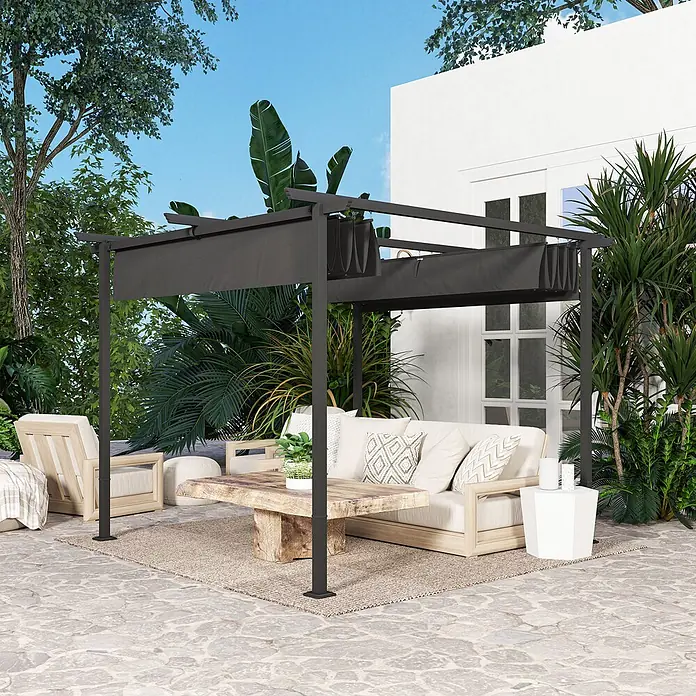 Outsunny Raffpavillon - Farbe Dach: Grau - Schwarze Pergola mit einziehbarem dunkelgrauem Dach, die eine Outdoor-Lounge beschattet.