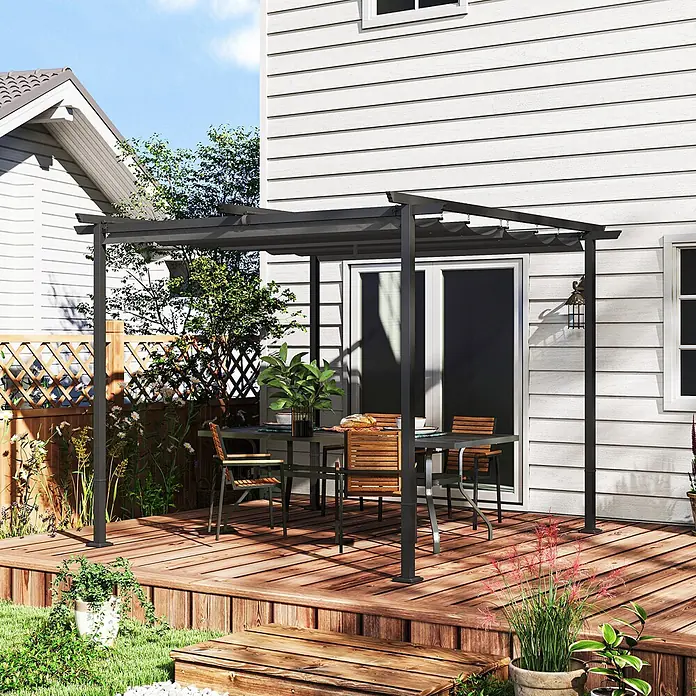 Outsunny Raffpavillon - Farbe Dach: Grau - Moderne dunkelgraue Pergola beschattet einen Essbereich auf einer Holzterrasse.