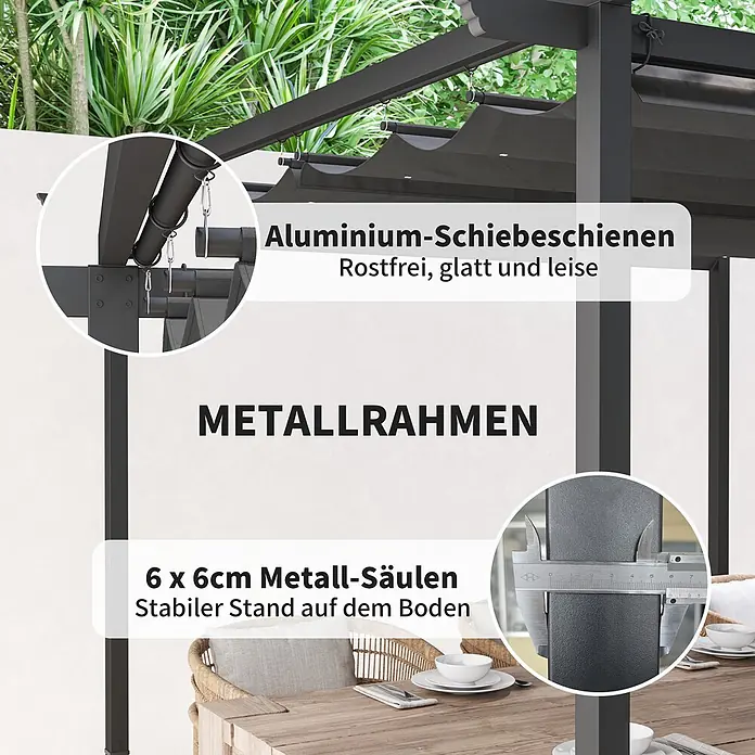 Outsunny Raffpavillon - Farbe Dach: Grau - Dunkelgraue Metall-Pergola mit Aluminium-Schiebeschienen und stabilen 6x6cm Metall-Säulen für festen Stand.